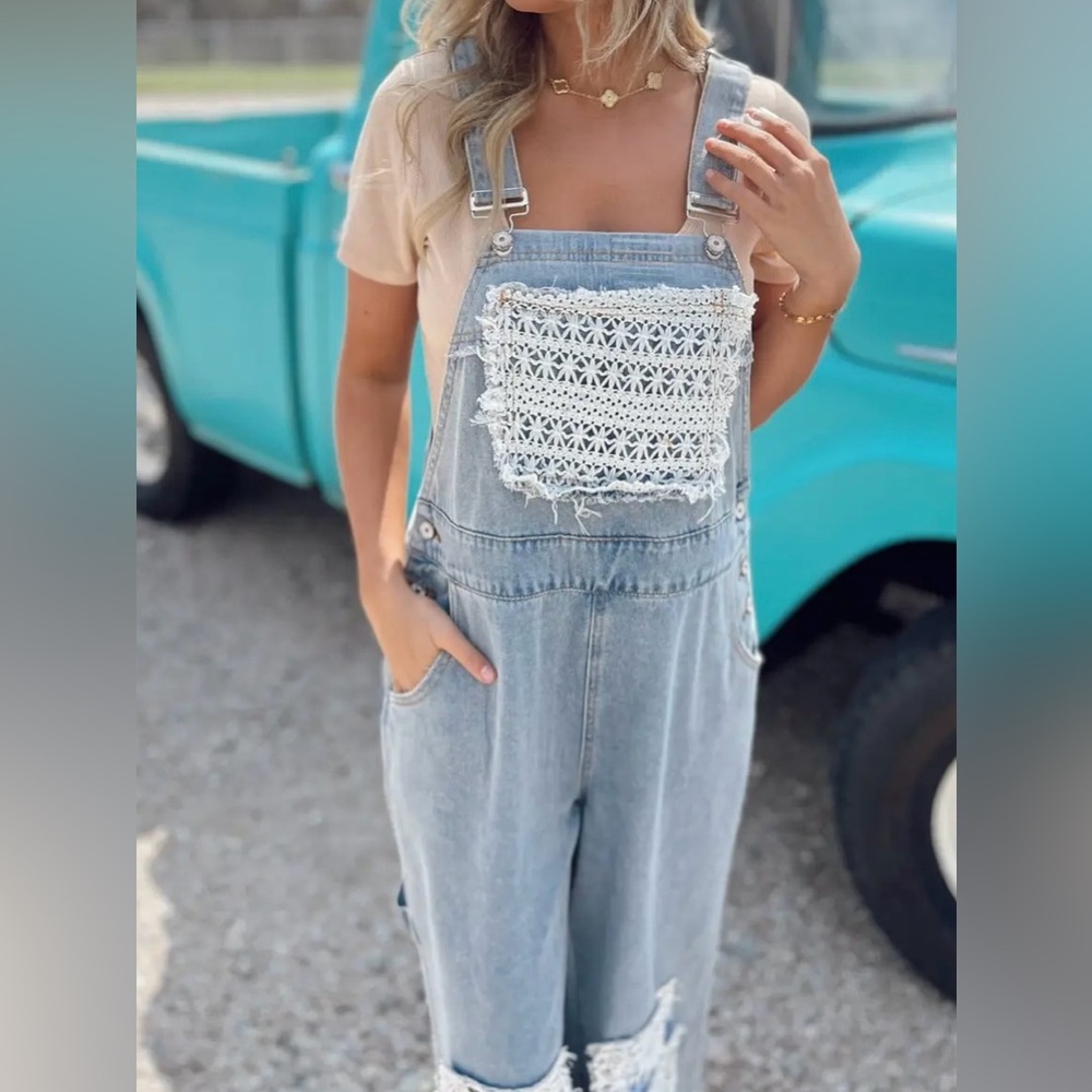 NWT POL Boho Patchwork Crochet Jean Denim Overalls - Picture 4 of 15